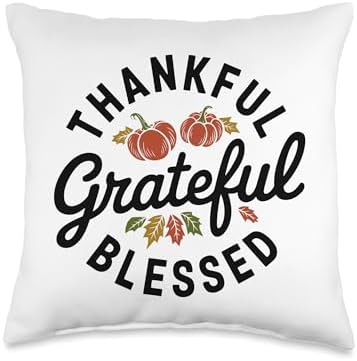 Thankful Grateful Blessed, Friendsgiving Thanksgiving Throw Pillow by HadleyDesigns