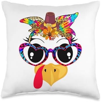 Family Happy Hallothanksmas Thanksgiving Christmas Thanksgiving Turkey Face Leopard Floral Glasses Tie Dye Throw Pillow, 16x16, Multicolor by Unknown