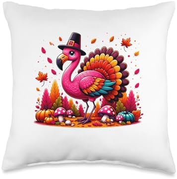 Flamingo Turkey Cute Flamingo Turkey Fall Leaf Thanksgiving Throw Pillow by Unknown