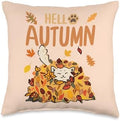 Hello Autumn Maple Leaf Fall Vibes Cute Cat Thanksgiving Throw Pillow by Unknown