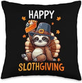 Happy Slothgiving Thanksgiving Sloth Holding Pumpkin Pie Throw Pillow by Unknown