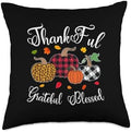 Thankful Grateful Blessed Leopard Plaid Pumpkin Thanksgiving Throw Pillow by Unknown