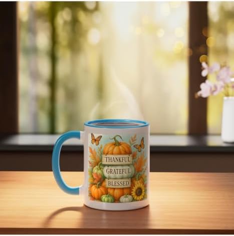 Thankful Grateful Blessed - Fall Pumpkin Family Thanksgiving Ceramic Mug, Blue/White, 11oz - Image 3