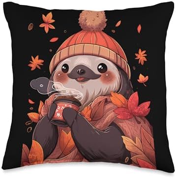 Sloth Autumn Hot Chocolate Cocoa Autumn Thanksgiving Throw Pillow by Unknown