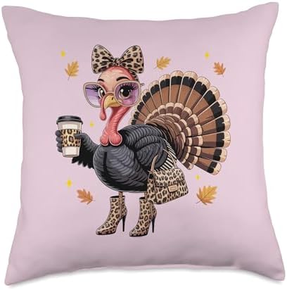 Lady Turkey Leopard Cokette Bow Drinking Coffee Thanksgiving Throw Pillow by Unknown