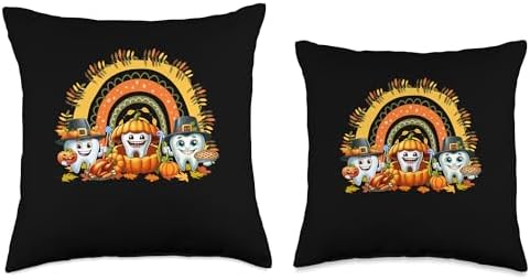 Thanksgiving Three Cute Teeth Dentist Fall Leaves Pumpkins Throw Pillow - Image 3