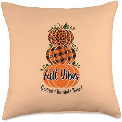 Spot & Tiger Thanksgiving Stacked Pumpkins Fall Vibes Grateful Thankful Blessed Autumn Throw Pillow, 18x18, Multicolor by Unknown