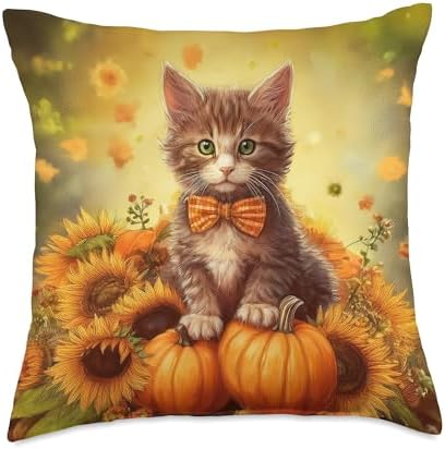 Autumn Tabby Cat Thanksgiving Pumpkins Sunflowers Throw Pillow by Unknown