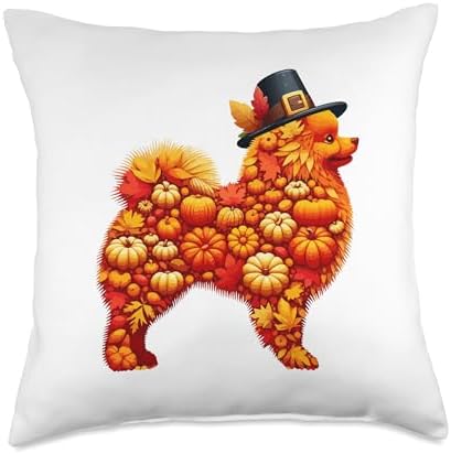 Fall Leaves Pumpkins Pomeranian Cute Shape Thanksgiving Throw Pillow by Unknown