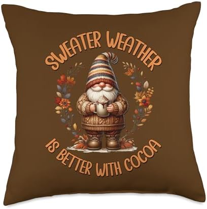 Hot Cocoa Fall Gnome For Sweater Weather Funny Thanksgiving Throw Pillow by Unknown