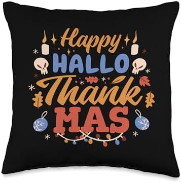 Happy HalloThankMas Halloween Thanksgiving Christmas Meme Throw Pillow by Unknown
