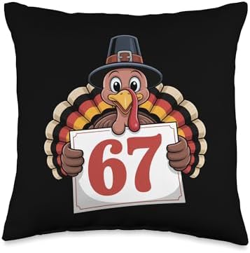 Happy 67 Turkey Pilgrim Holding Sign Six Seven Thanksgiving Throw Pillow by Unknown