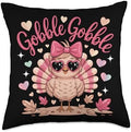 Cute Gobble Turkey Day Pink Bow Thanksgiving Women Kids Throw Pillow by Unknown