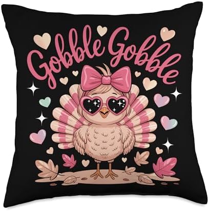 Cute Gobble Turkey Day Pink Bow Thanksgiving Women Kids Throw Pillow by Unknown