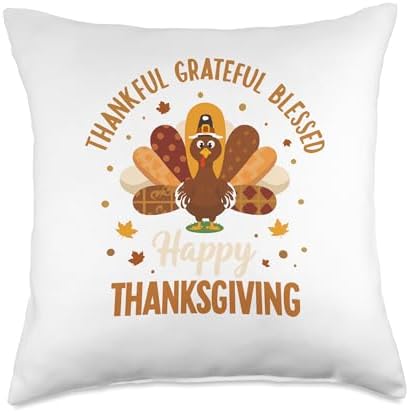 Thankful Grateful Blessed Turkey Cute Thanksgiving Women Men Throw Pillow by Unknown