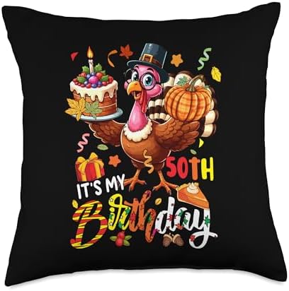 It's My 50th Birthday Thanksgiving Turkey Autumn Funny Party Throw Pillow by Unknown