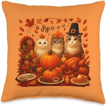 Fall Thanksgiving Cats Dinner Feast Vintage Fall Home Decor Throw Pillow by Unknown