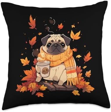 Pug Fall Autumn Leaves Pumpkin Spice Latte Dog Kawaii Throw Pillow by Unknown