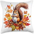 Autumn Squirrel Woodland Pet Fall Leaf Acorns Thanksgiving Throw Pillow by Unknown