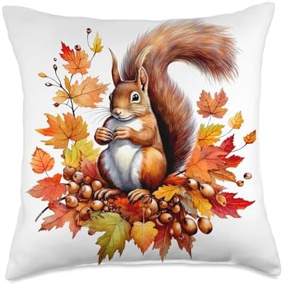 Autumn Squirrel Woodland Pet Fall Leaf Acorns Thanksgiving Throw Pillow by Unknown