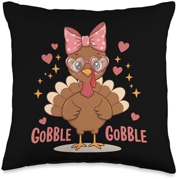 Cute Gobble Turkey Day Pink Bow Thanksgiving Women Kids Throw Pillow by Unknown