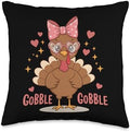 Cute Gobble Turkey Day Pink Bow Thanksgiving Women Kids Throw Pillow by Unknown