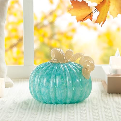 Glitzhome Hand Blown Glass Pumpkin Decor 5" Turquoise - Artisan Fall Harvest Thanksgiving Table Centerpiece Halloween Home Decor