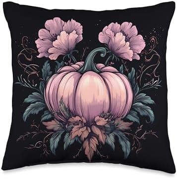 Vintage Autumn Pink Flower Pumpkin Thanksgiving Girl Women Throw Pillow by Unknown