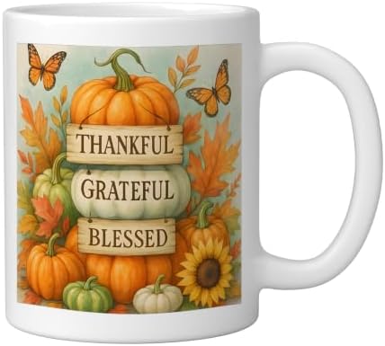 Thankful Grateful Blessed - Fall Pumpkin Family Thanksgiving Ceramic Mug, White, 11oz - Image 2