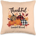 Thanksgiving Thankful Grateful Blessed leopard plaid Pumpkin Throw Pillow by Unknown