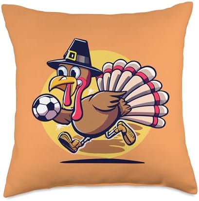 Funny Thanksgiving turkey Playing soccer Ball tees Thanksgiving Cute Turkey Holding Soccer Ball Men Boys Kids Throw Pillow, 18x18, Multicolor by Unknown