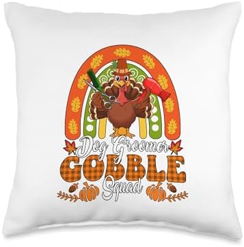 Dog Groomer Gobble Squad Thanksgiving Turkey Fall Rainbow Throw Pillow by Unknown