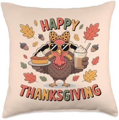Cute Turkey Drinking iced Coffee Thanksgiving Bow Women Girl Throw Pillow by Unknown
