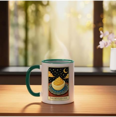 The Deviled Egg Tarot Card Ceramic Mug, Dark Green/White, 11oz - Image 3