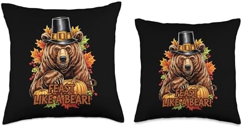 Thanksgiving Brown Bear Grizzly Pilgrim Feast Like A Bear Throw Pillow - Image 3