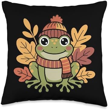 Cute Frog Thanksgiving Day Fall Leaves Autumn Nature Throw Pillow by Unknown