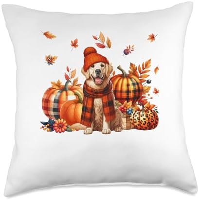 Golden Retriever Thanksgiving Leopard Pumpkins Fall Leaves Throw Pillow by Unknown