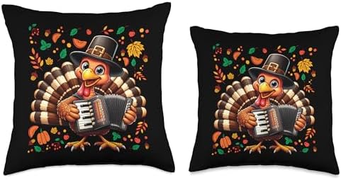 Funny Thanksgiving Turkey with Pilgrim Hat Playing Accordion Throw Pillow - Image 3