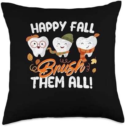 Fall Leaves Shirt Autumn Foliage Pumpkin Decor Happy Fall Brush Them All Dental Dentist Squad Thanksgiving Throw Pillow, 18x18, Multicolor by Unknown