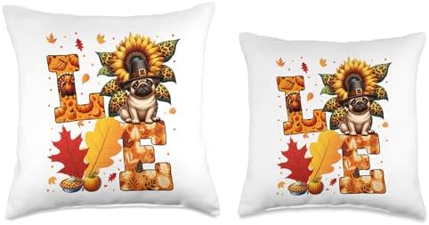 LOVE Thanksgiving Pug Costume Fall Leaves Sunflower Throw Pillow - Image 3