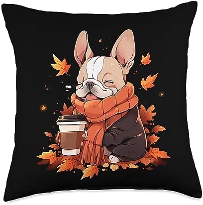 French Bulldog Autumn Pumpkin Spice Latte Frenchie Dog Throw Pillow by Unknown