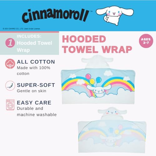 Sanrio Cinnamoroll Kids Super Soft Bath/Pool/Beach Soft Cotton Terry Hooded Towel Wrap, 24 in x 50 in, (Officially Licensed Product) By Franco