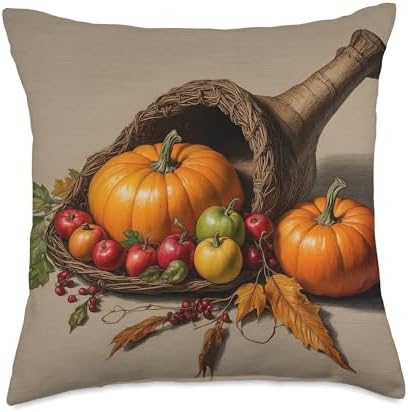 Thanksgiving Cornucopia Horn of Plenty Autumn Fall Leaves Throw Pillow by Unknown