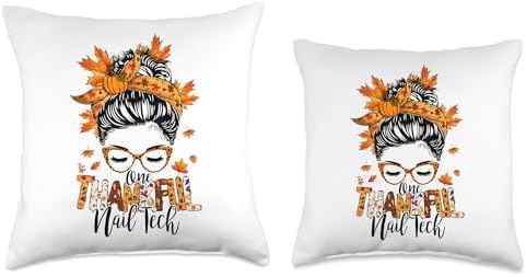 One Thankful Nail Tech Messy Bun Thanksgiving Manicurist Throw Pillow - Image 3