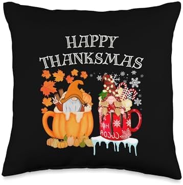 Happy Thanksmas Funny Gnome Thanksgiving and Xmas Merry Thanksmas Thanksgiving and Christmas Cute Gnome Throw Pillow, 16x16, Multicolor by Unknown