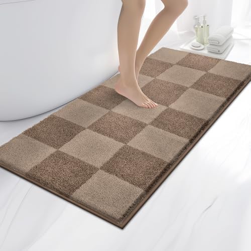 Bathroom Rugs, 24" x 60" Soft Bath Rugs, Checkered Grayish Brown & Coffee