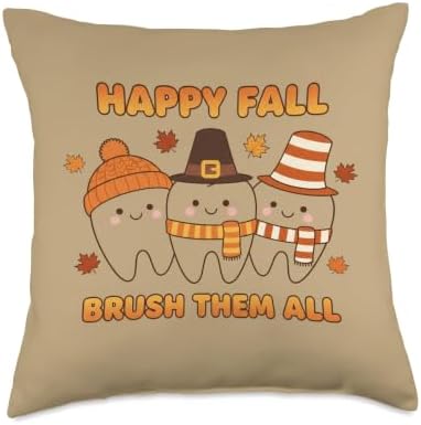 Happy Fall Brush Them All Teeth Thanksgiving Dental Dentist Throw Pillow by Unknown