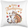 Cute Cat Turkey Happy Thanksgiving Fall Meow Throw Pillow by Unknown
