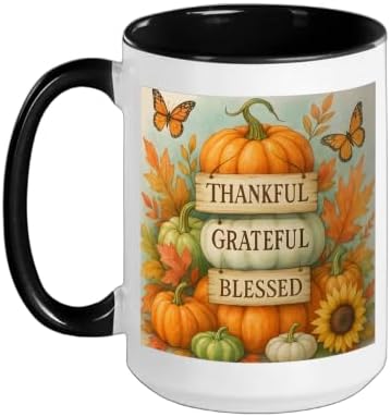 Thankful Grateful Blessed - Fall Pumpkin Family Thanksgiving Ceramic Mug, Black/White, 15oz by Unknown