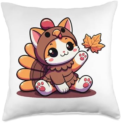 Cute Kawaii Kitten Co. Cute Kawaii Kitten in a Thanksgiving Turkey Costume Throw Pillow, 18x18, Multicolor by Unknown